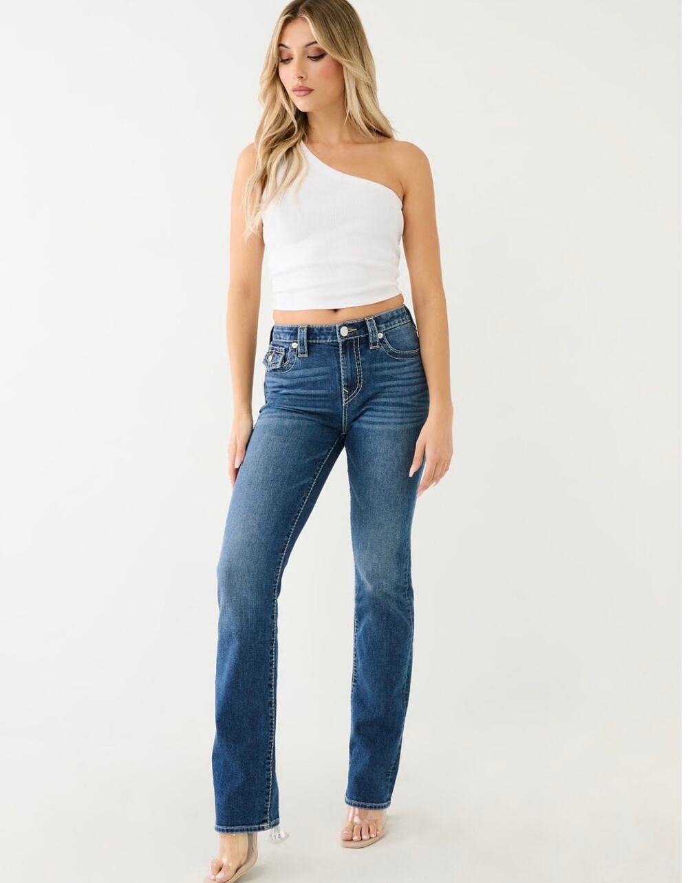 True Religion Women Billy Straight Boot Stud Flap Pocket Dark Wash Jeans 28 x 33